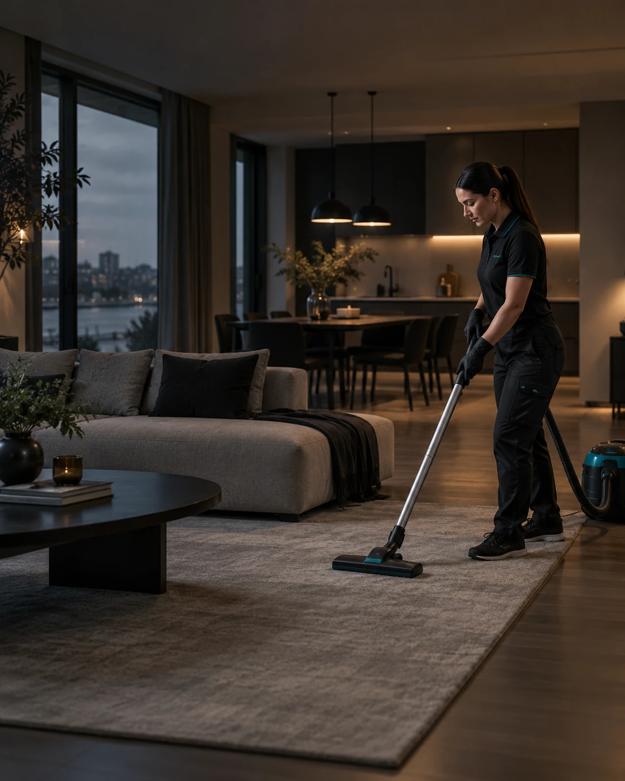 RM Cleanin ammattilainen imuroimassa olohuonetta